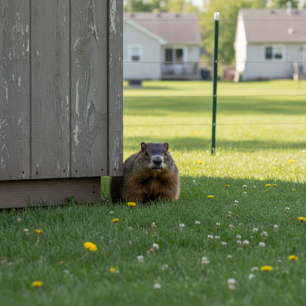 A groundhog with dense brown fur and lighter, almost golden tips emerges from under a weathered wooden shed at the edge of a neatly mowed Québec backyard. Small dandelions and clover dot the grass, and a simple wire fence borders the property, with neighboring houses softly out of focus beyond. Bright but slightly diffused midday sunlight illuminates the scene, revealing texture in the fur and wood grain without harsh contrast. The composition is eye-level and centered on the groundhog, with moderate depth of field to show both animal and setting clearly. The mood is practical and informative, conveying everyday urban wildlife behavior in a calm, realistic manner.