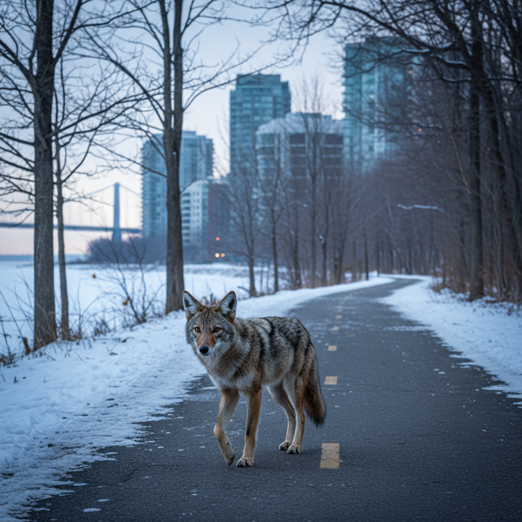 A lone coyote with a tawny-grey coat, slender build, and alert amber eyes moves cautiously along a snow-dusted bike path that cuts through a wooded section of an urban park near Montreal. Bare trees, distant apartment buildings, and a faint view of a bridge hint at the city beyond. Cool early morning winter light creates long, soft shadows and a subtle blue tint to the snow, while highlighting the coyote’s fur and breath in the cold air. Photographic realism, shot from a safe, slightly telephoto perspective with the animal placed on the lower third of the frame, conveys respect, distance, and a professional, educational tone about coexistence with urban predators.
