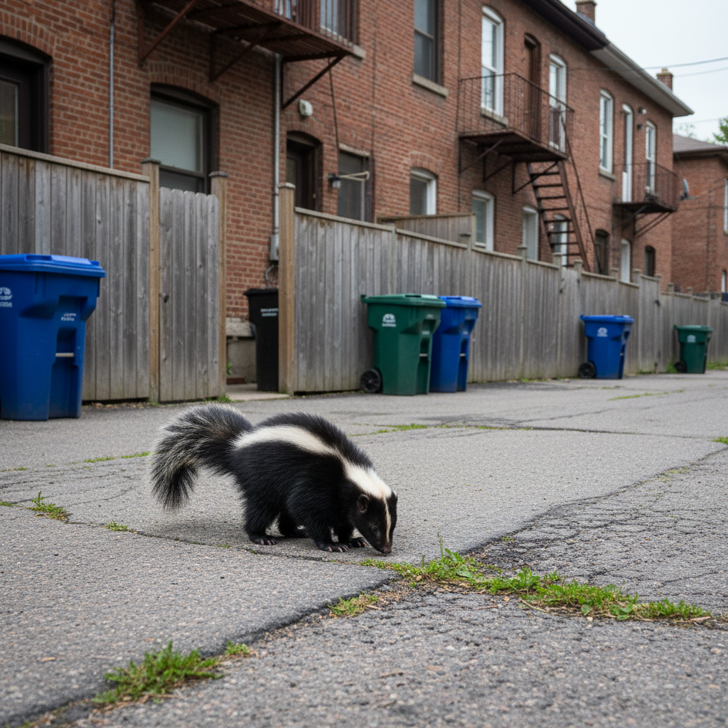 A medium-sized skunk with a glossy black coat and crisp white stripe calmly sniffs along the edge of a paved alleyway behind brick duplexes typical of Greater Montreal. Recycling bins, wooden fences, and a few tufts of grass poke through cracks in the asphalt. Diffused overcast daylight softens the entire scene, reducing harsh shadows and emphasizing texture in the fur and ground. The composition uses the rule of thirds, with the skunk slightly off-center, creating space to show its environment. The mood is informative and non-alarming, with photographic realism and a clean, documentary style suitable for a professional advisory website about urban wildlife.