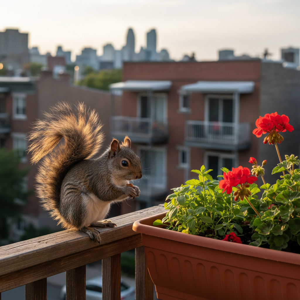 A plump grey squirrel with a bushy tail and flecks of russet fur perches on the railing of a compact Montreal balcony, next to a rectangular planter filled with herbs and geraniums. In the softly blurred background, low-rise residential buildings and a hint of the city skyline are visible. Warm late afternoon sunlight casts gentle highlights on the squirrel’s whiskers and tail, creating a cozy, approachable mood. Photographic realism, captured from a slightly elevated angle with a shallow depth of field, emphasizes the animal while clearly situating it in an urban residential context, perfect for illustrating harmonious coexistence with city wildlife.
