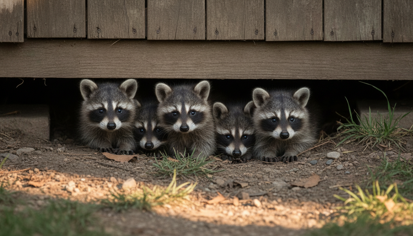 Cinq bébés ratons laveurs regroupés sous un cabanon.
