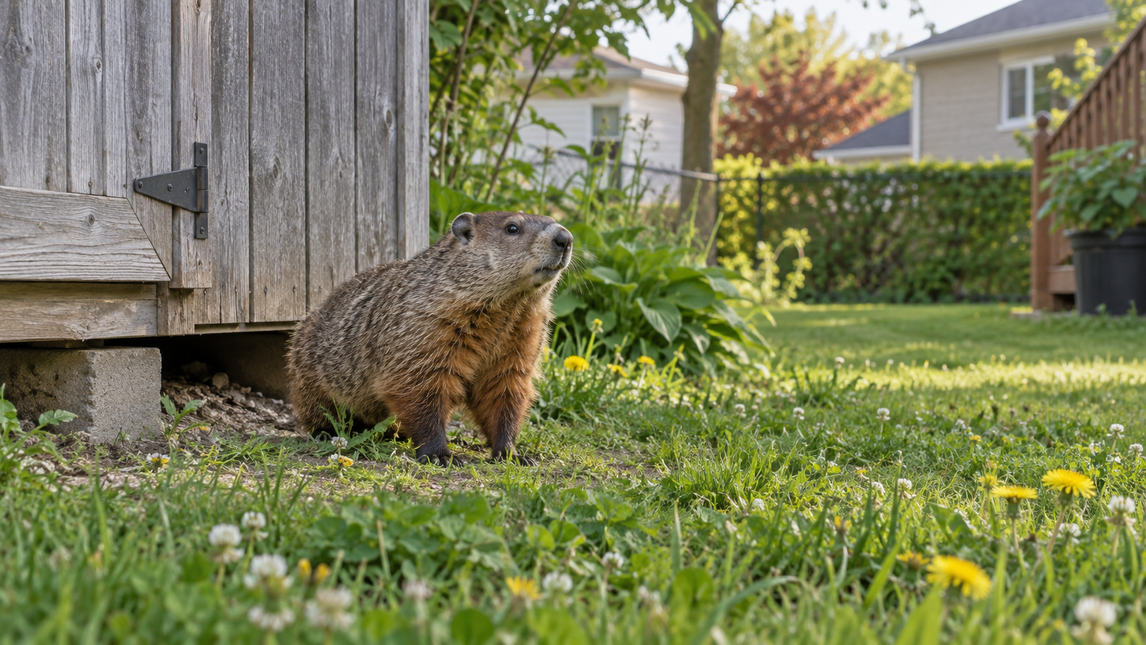 Marmotte commune près d’un cabanon dans une cour résidentielle québécoise.