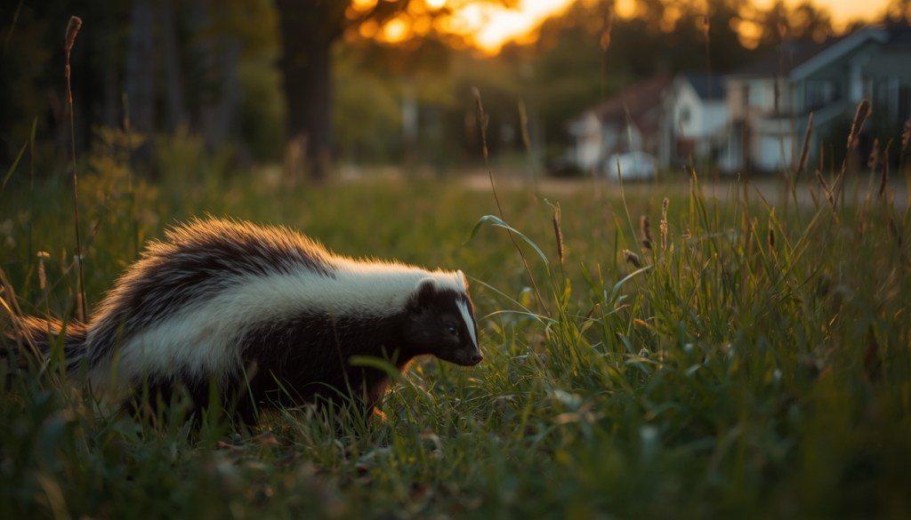Mouffette rayée se déplaçant dans l’herbe au crépuscule.