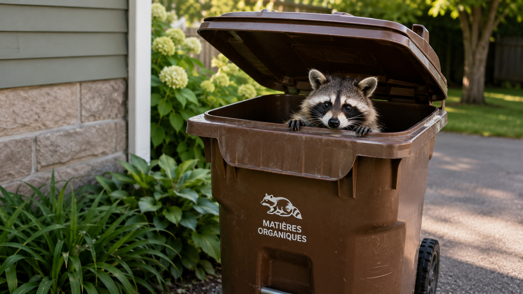 Un raton laveur dans un bac brun de matières organiques ouvert.