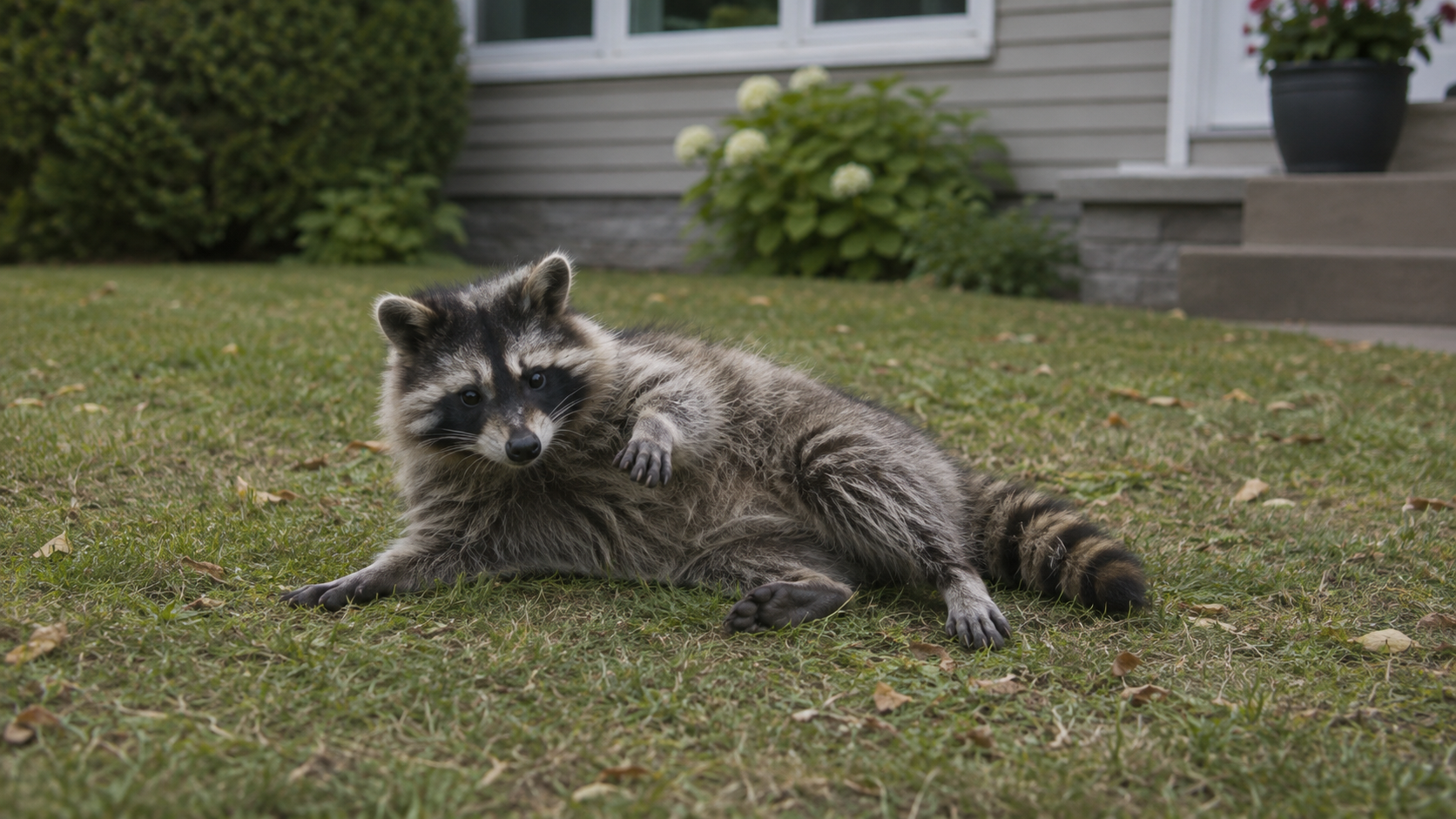Un raton laveur couché sur une pelouse devant une habitation.